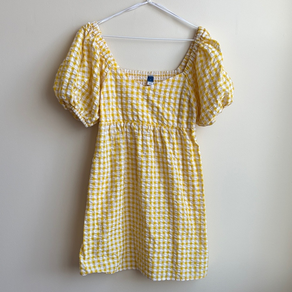 Old Navy Yellow Gingham Puff-Sleeve Fit & Flare All-Day Mini Dress